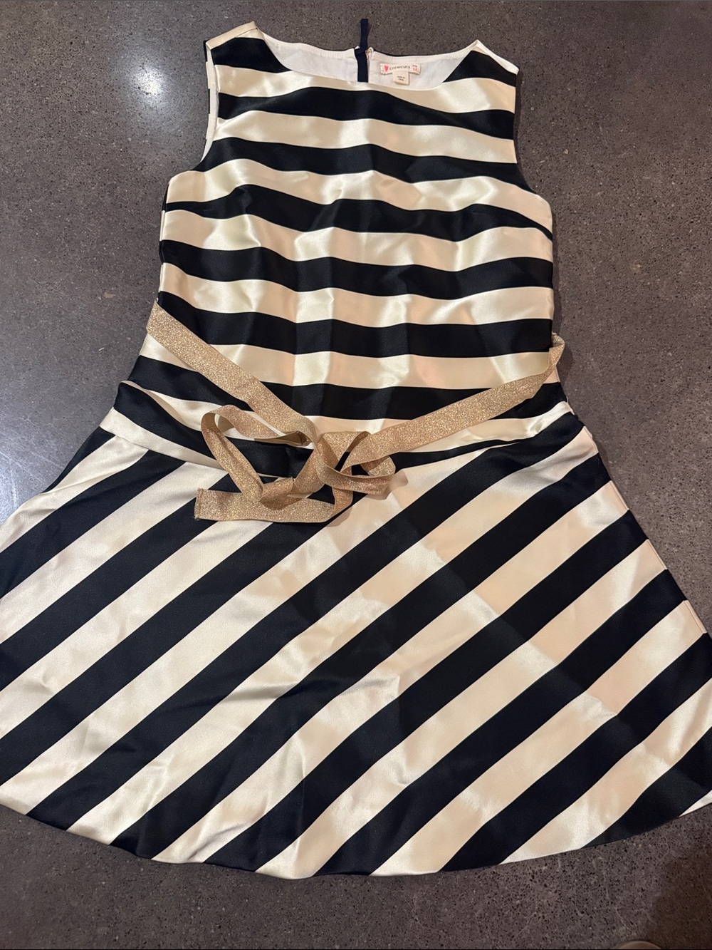 Crewcuts Black and Cream Striped Satin Dress with Gold Belt
